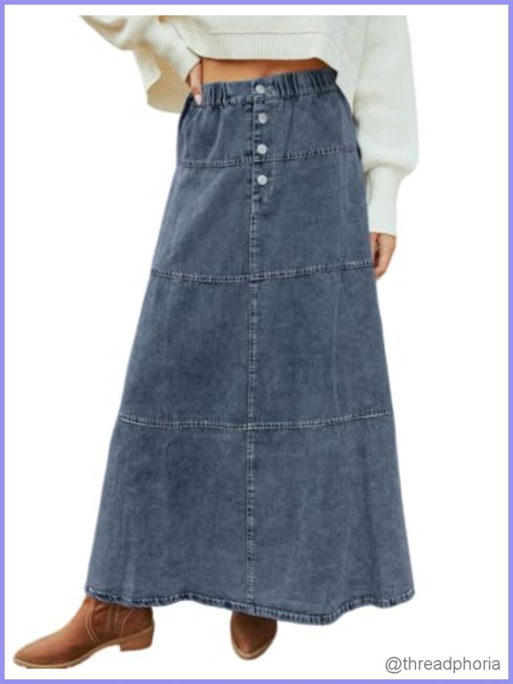 Women's High Waist Denim Maxi Skirt A-Line Tiered Elastic Waist